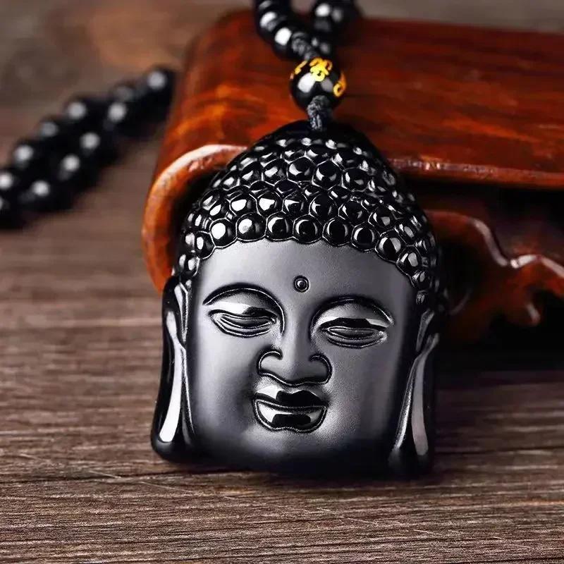 Obsidian Buddha Head Lucky Amulet Pendant Tathagata Buddha Blessing Necklace Religious Buddhist Jewelry Men and Women Gifts