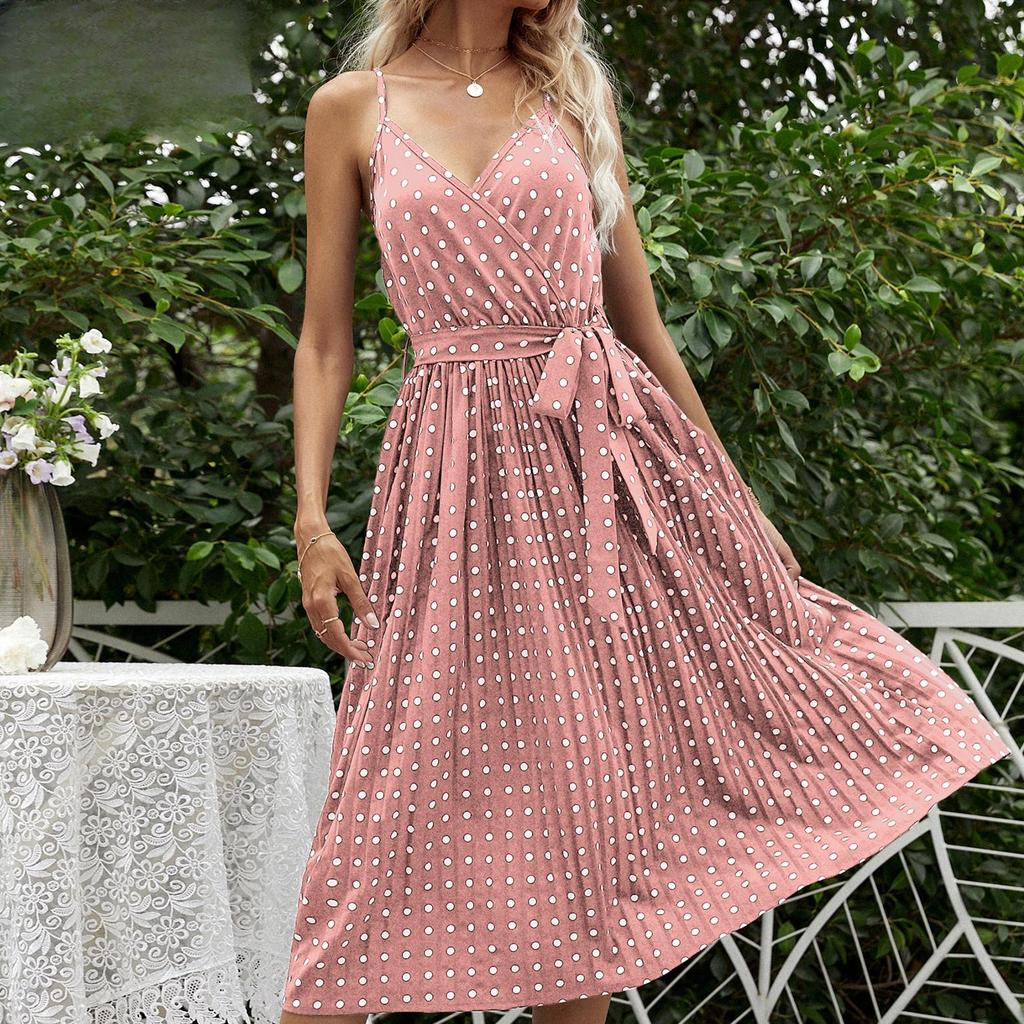 Women's Fashion Summer Spring Polka Dot Print Sleeveless Suspenders V-Neck High Waist Casual Dresses