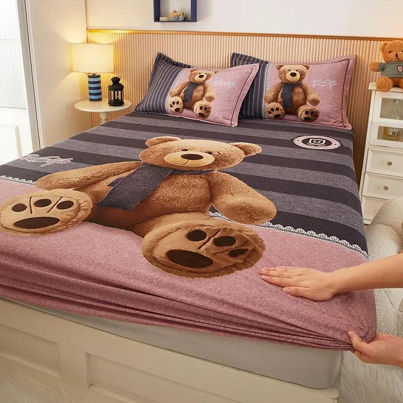 Cute Teddy Bear Pattern Fitted Sheet Set 100% Cotton Anti-slip Mattress Cover with Pillowcases Home Bedding Set for Boys Girls