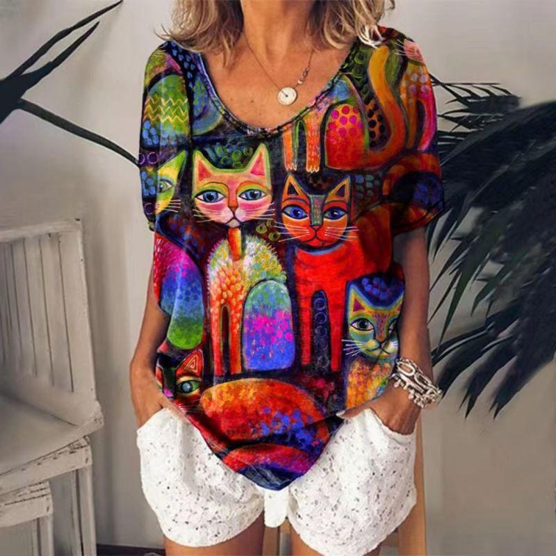 

Женская футболка Kawaii Cat с рисунком V-образным вырезом и коротким рукавом, модные повседневные футболки с принтом, забавная летняя женская одежда, уличный топ L