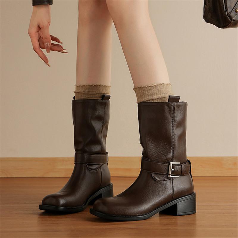 Fashion New Autumn/winter Split Leather Women Boot Round Toe Shoes for Women Fashion Boots Chunky Heels Mid-calf Boots Western Boots