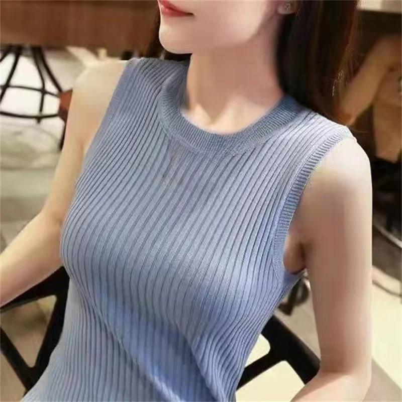 Summer Fashion Women Knitted Vests Shirts Tops Lady O-neck Sleeveless Solid Color Casual Thin Tops