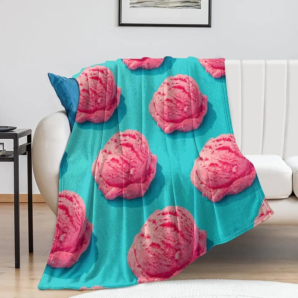 Food Blanket Aesthetic Ice Cream Matcha Throw Blanket Lightweight Soft Cozy Flannel Sofa Bed King Queen Full Size Warm Blanket