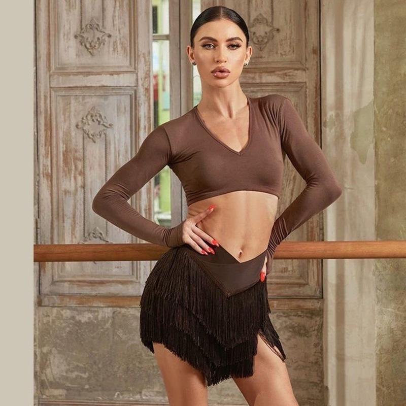 Gonna da Danza Latina da Donna per Adulti Tango Cha Cha Danza Latina Gonna Professionale da Pratica Sexy a Tre Strati con Frange Girovita a V Semigonna