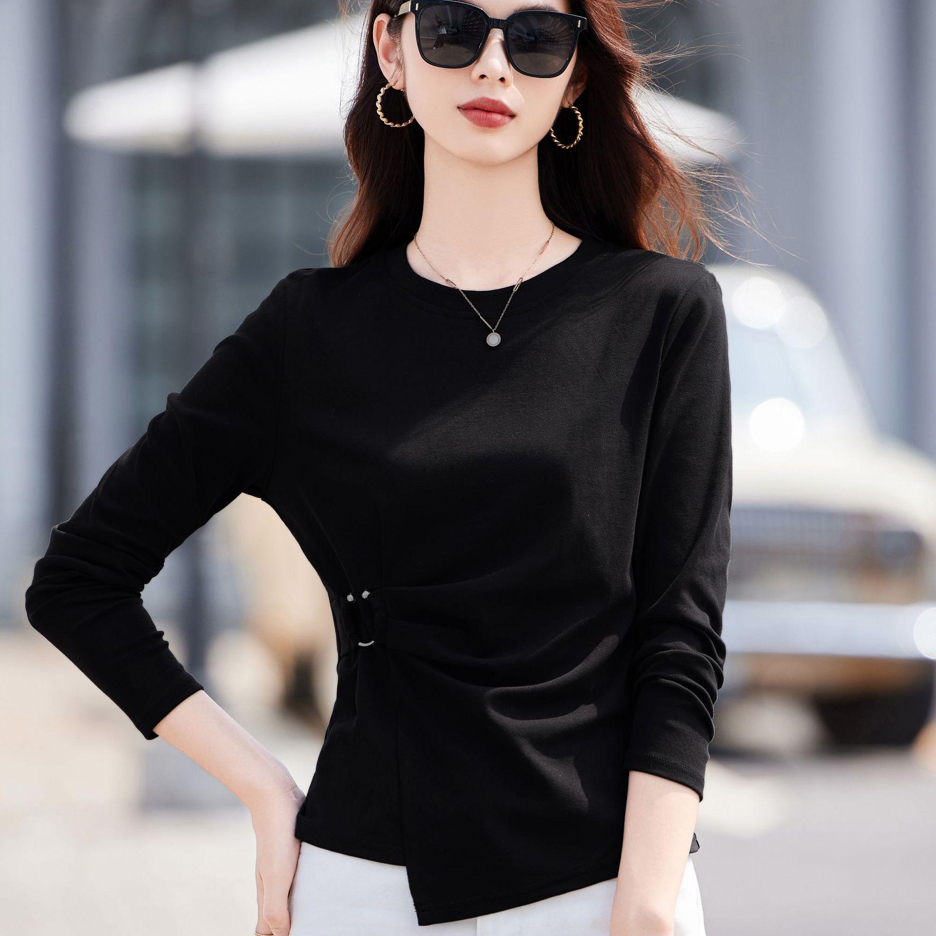 

Осенняя женская повседневная модная футболка с круглым вырезом и длинным рукавом 3XL чёрный