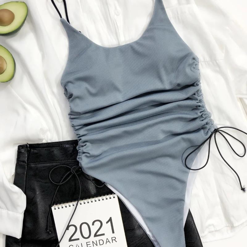 Einteiliger Badeanzug für Damen mit Kordelzug, Bademode für Damen 2025, rückenfreier Body, gerippter Badeanzug, Sport-Strandbekleidung
