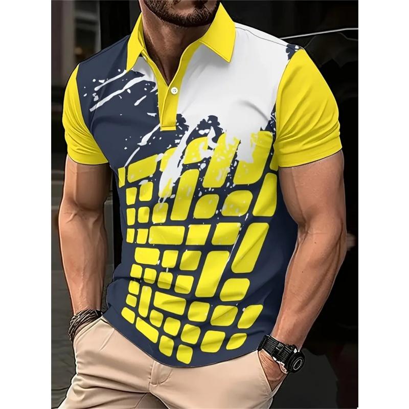 3D Printed Color Striped Men's Polo Shirt