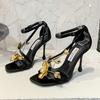 Socialite Golden Orchid Ribbon Square Head High Heels With Thin Water Drop With Party Daily All-In-One Sandals For Women