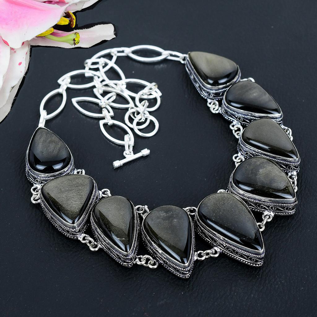 Silver Sheen Obsidian Gemstone 925 Sterling Silver Jewelry Necklace 18" KG-1652