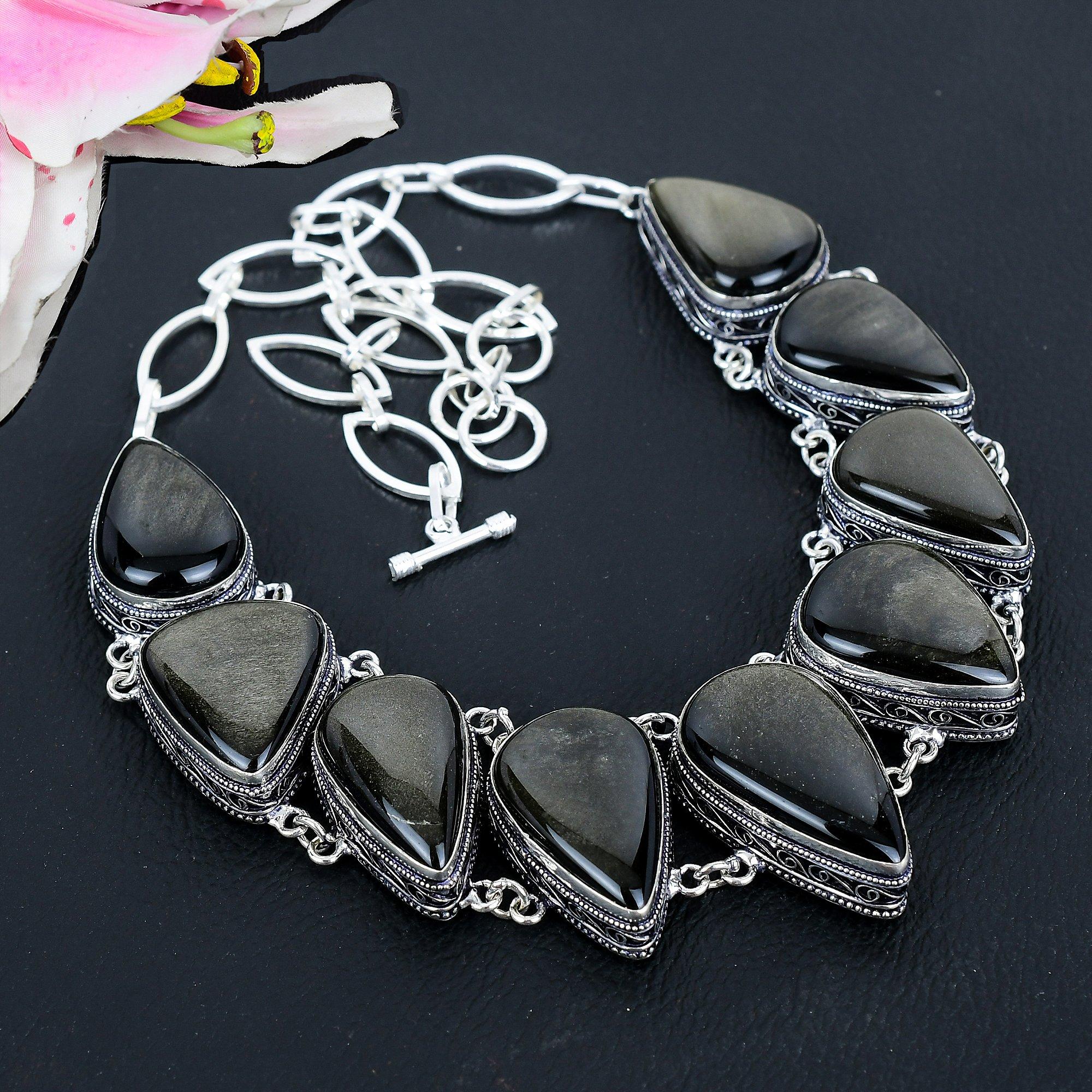 

Silver Sheen Obsidian Gemstone 925 Sterling Silver Jewelry Necklace 18 KG-1652