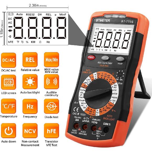 BTMETER BT-770S Manual Ranging Multimeter AC DC Volt Amp Ohm Capacitance Frequency Tester Auto Backlit for Automotive Electrical Home Hobbyist