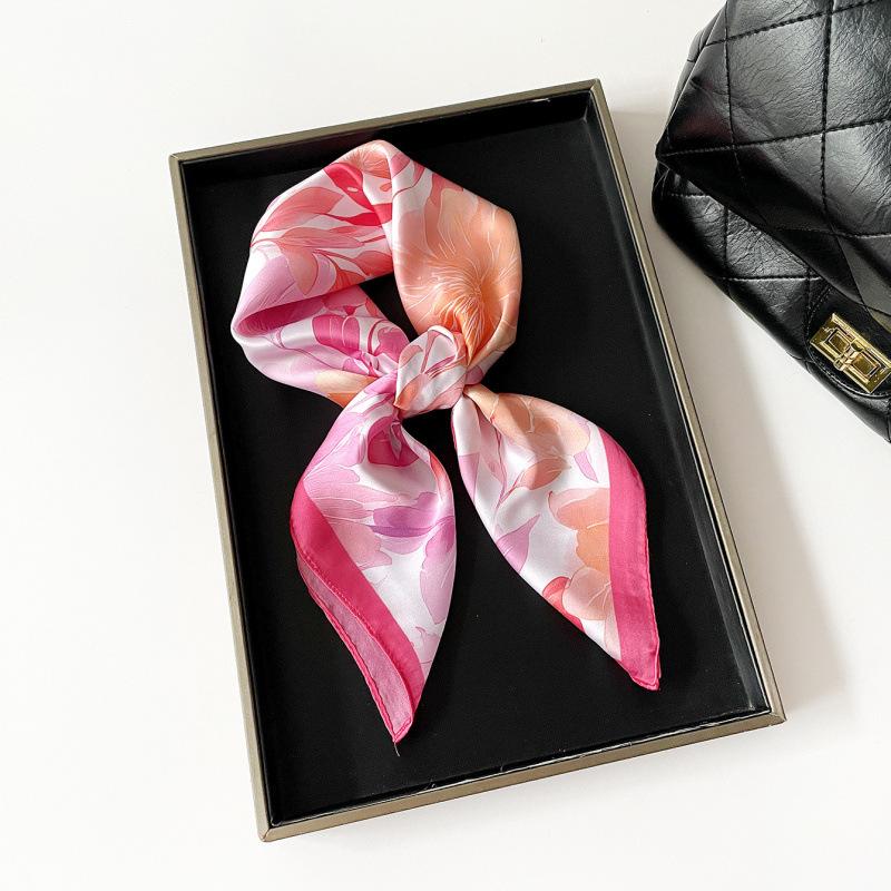 French Fresh Small Square Scarf Floral Printing Silk Scarf 70 Imitation Silk Satin Silk Scarf Commuter Scarf Waist Square Scarf Women