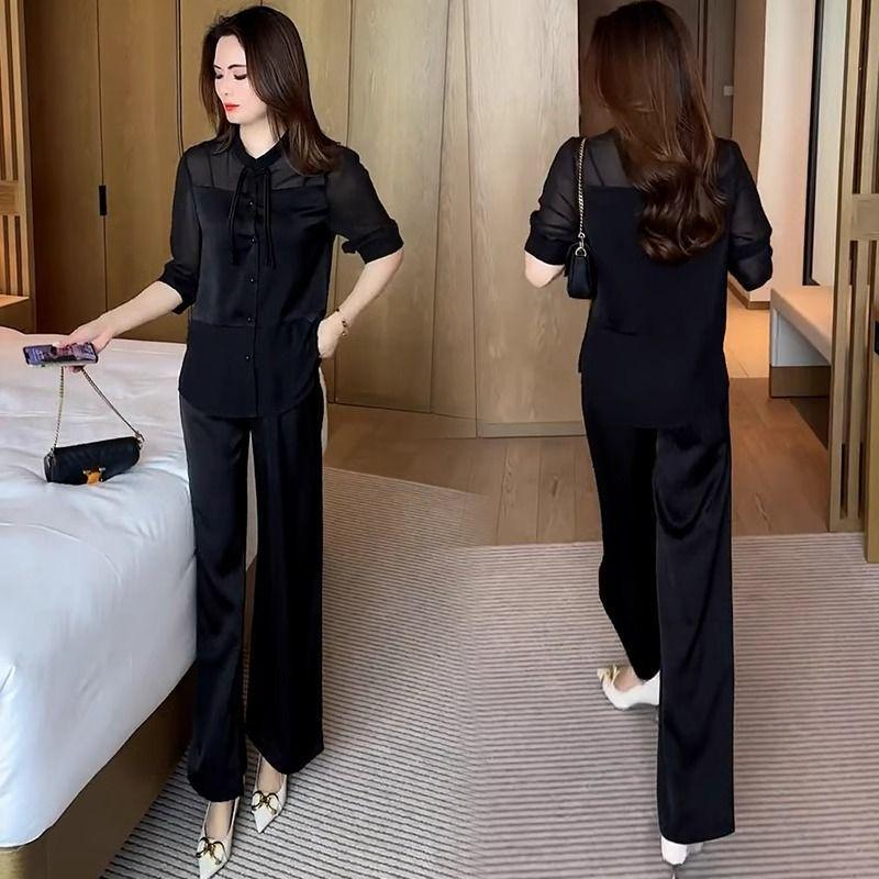 

Women s Summer Chinese Style Two-Piece Set: Frog Button Shirt & Wide-Leg Pants 4XL for 160-180 lbs