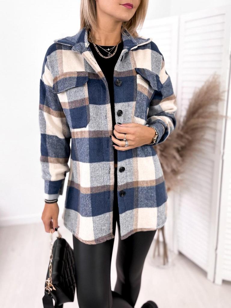2021 Plaid Print Long Sleeve Woolen Coat with Shirt Collar