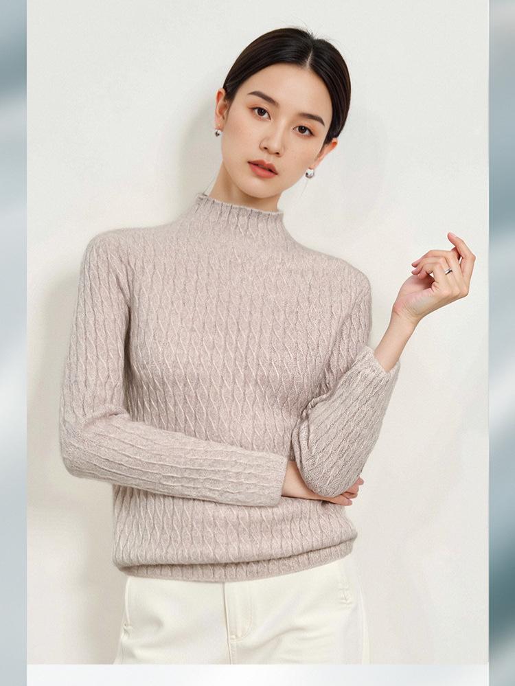Women's Thick Cable Knit Cashmere Sweater - Half-High Neck Pullover for Autumn & Winter