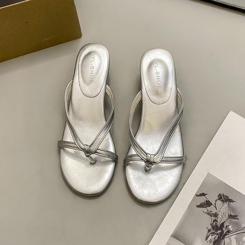 With Skirt Silver Toe Thick-soled Flip-flops Women's Summer Fashion Going Out On Vacation Slope Heel Cool Slippers