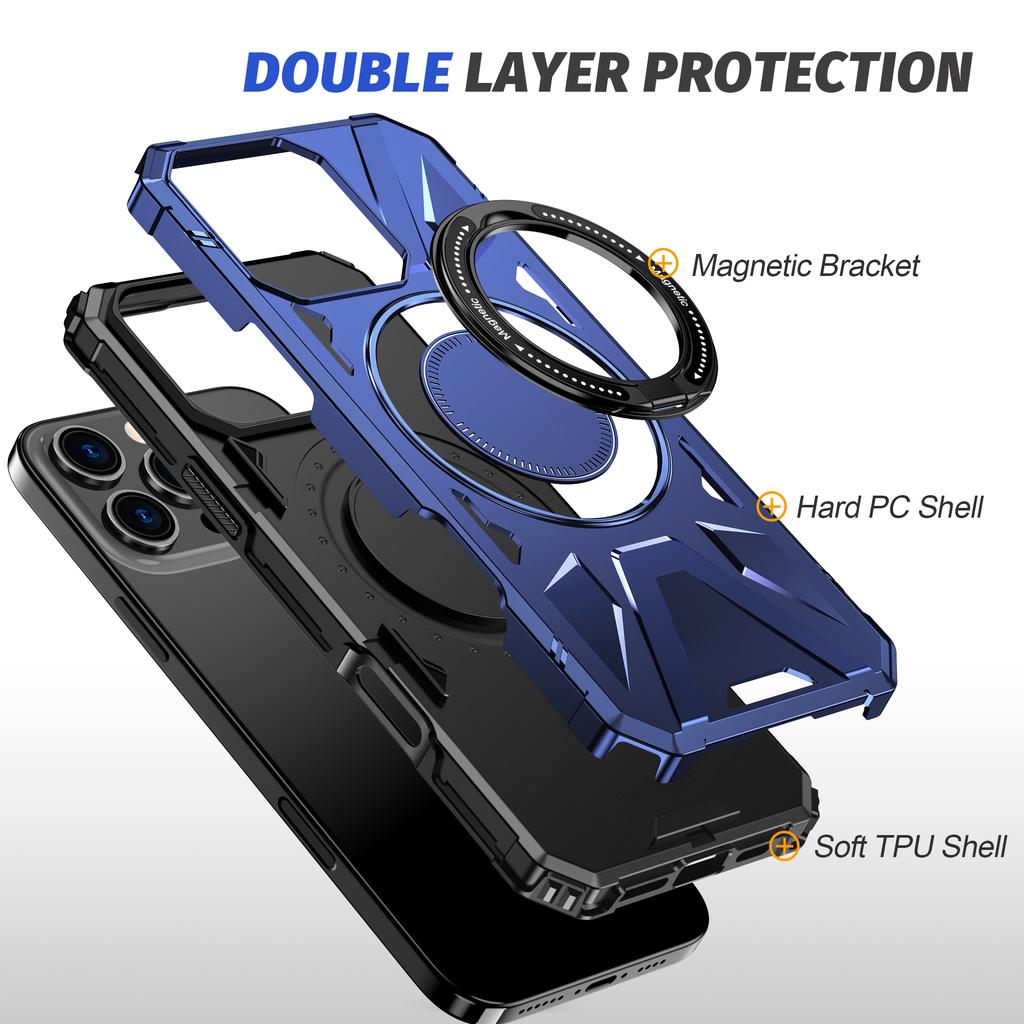 For iPhone 16 Pro Magnetic Case TPU+PC Ring Kickstand Anti-Drop Phone Cover