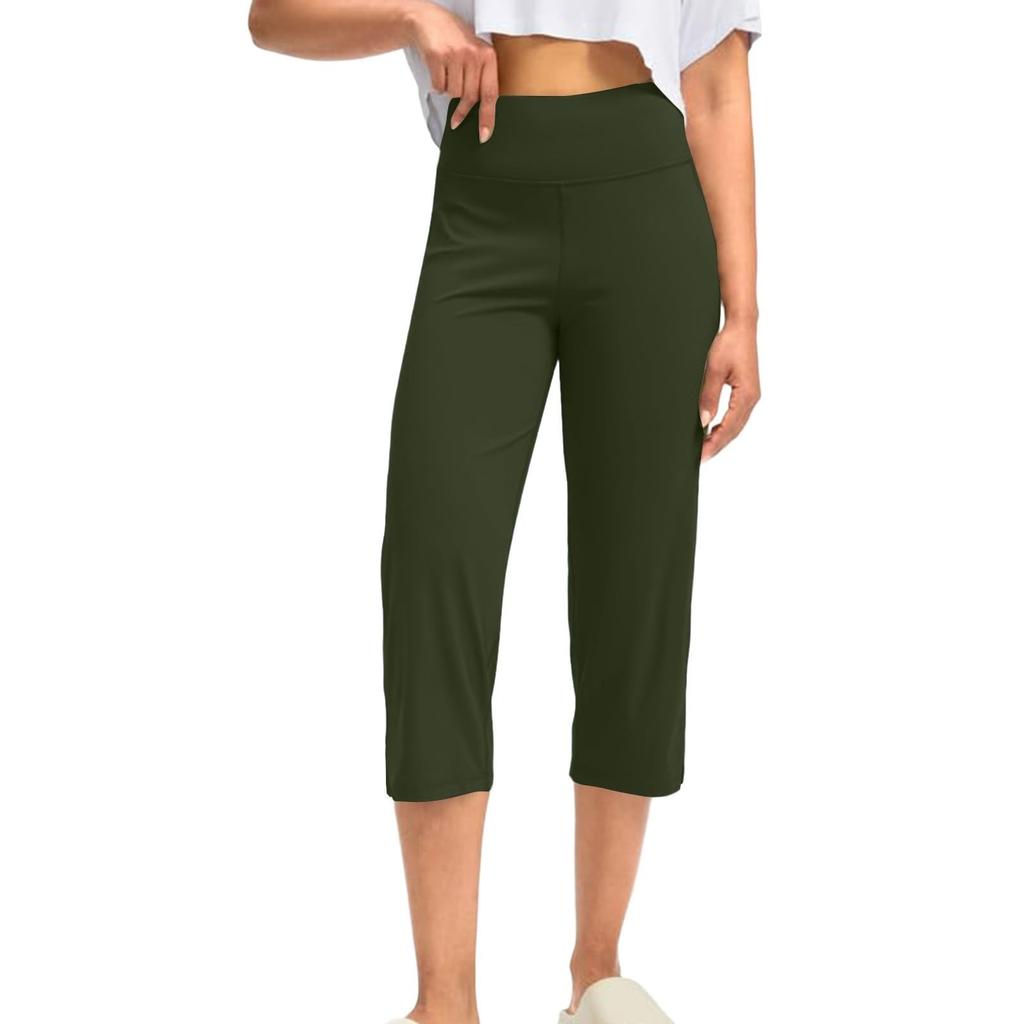 Kvinner Elastisk Høy Midje 3/4 Bukse Casual Aktiv Passform Vide Capri Leggings Bukser Bukser Med Lommer