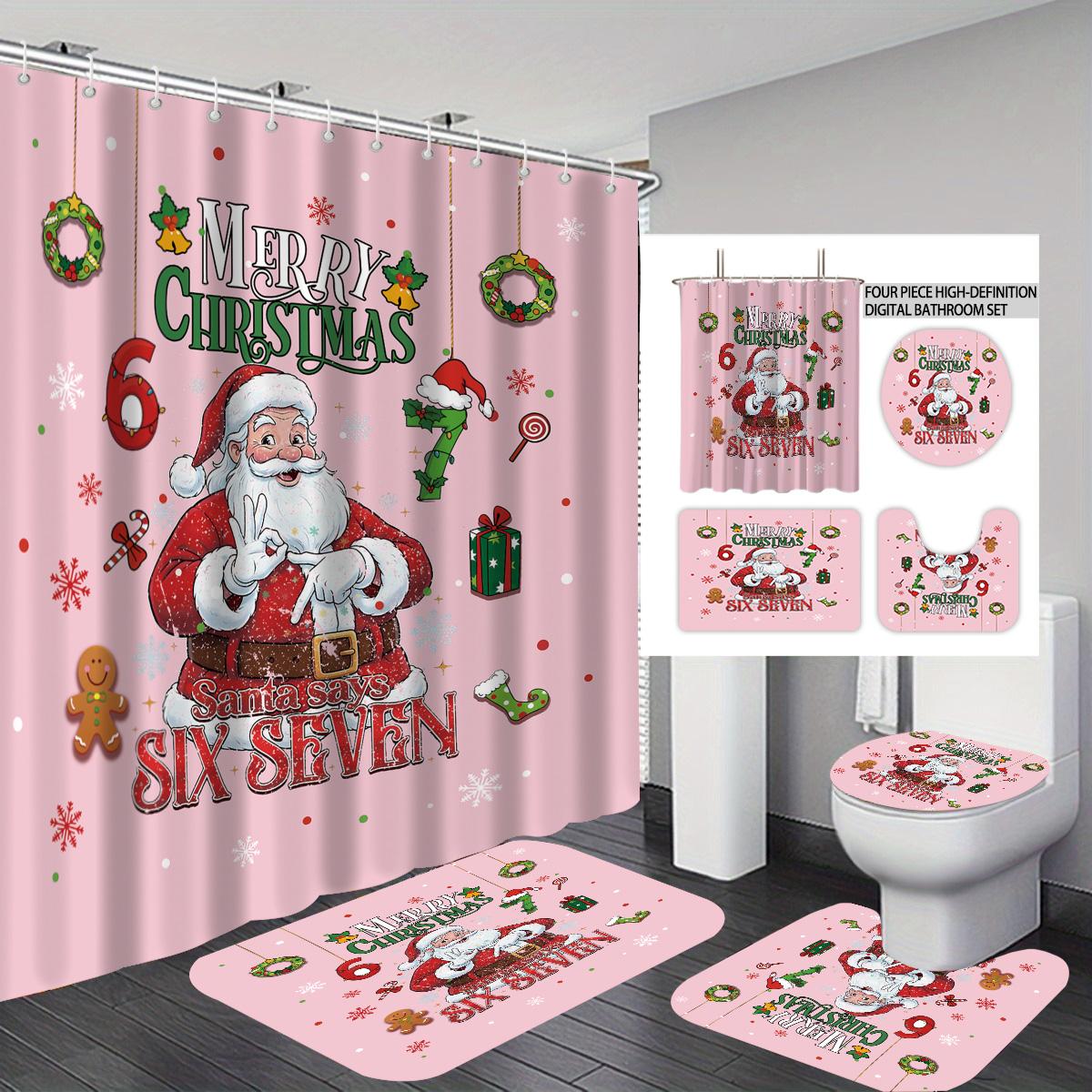 

4pcs pink Santa Claus print bathroom set 180x180 waterproof shower curtain, floor mat, toilet seat cushion, U-shaped pad