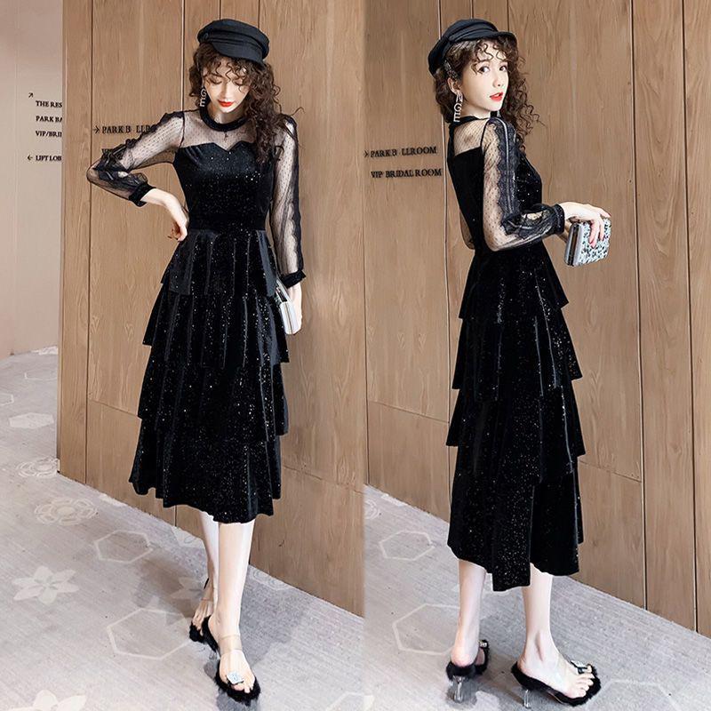 2026 A/W Sequined Mesh Patchwork Gold Velvet Slimming Dress