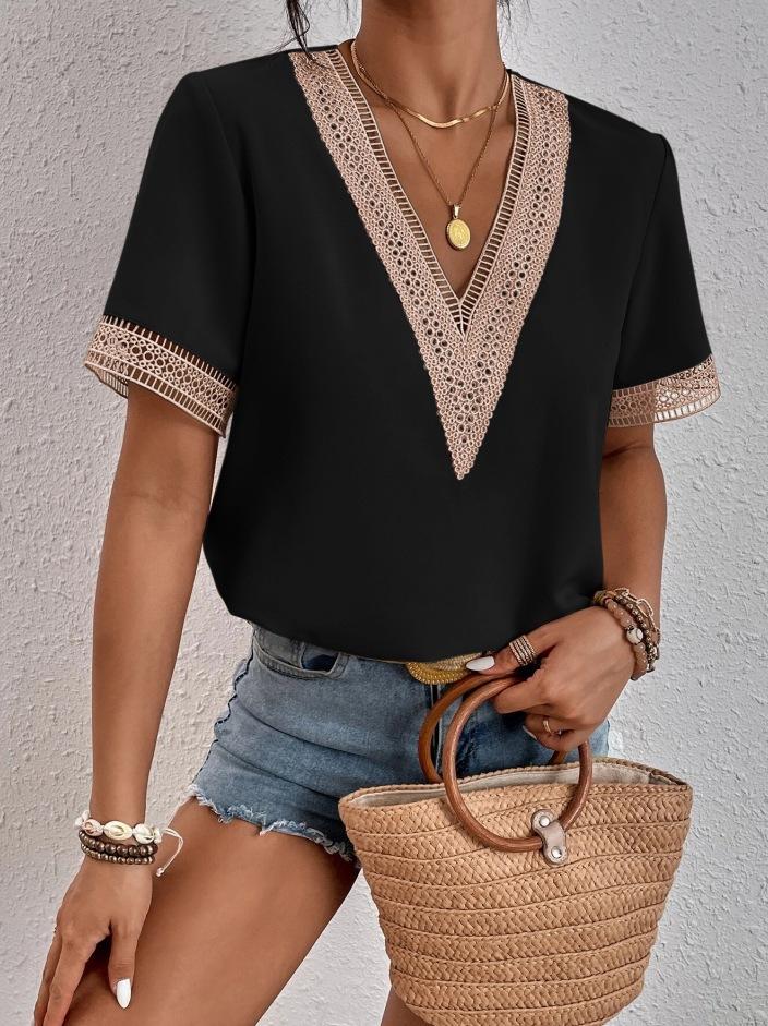 Women's V-Neck Lace Loose Top Temperament Commuter Short Sleeve Shirt Women