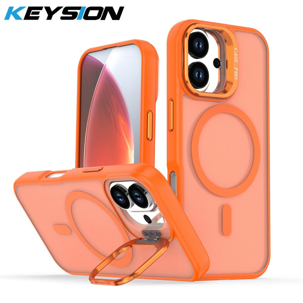 KEYSION Lens Stand Magnetic Phone Case for MagSafe for iPhone 16 Pro Max 16 Plus Matte Translucent Shockproof Back Cover for iPhone 16 оранжевый
