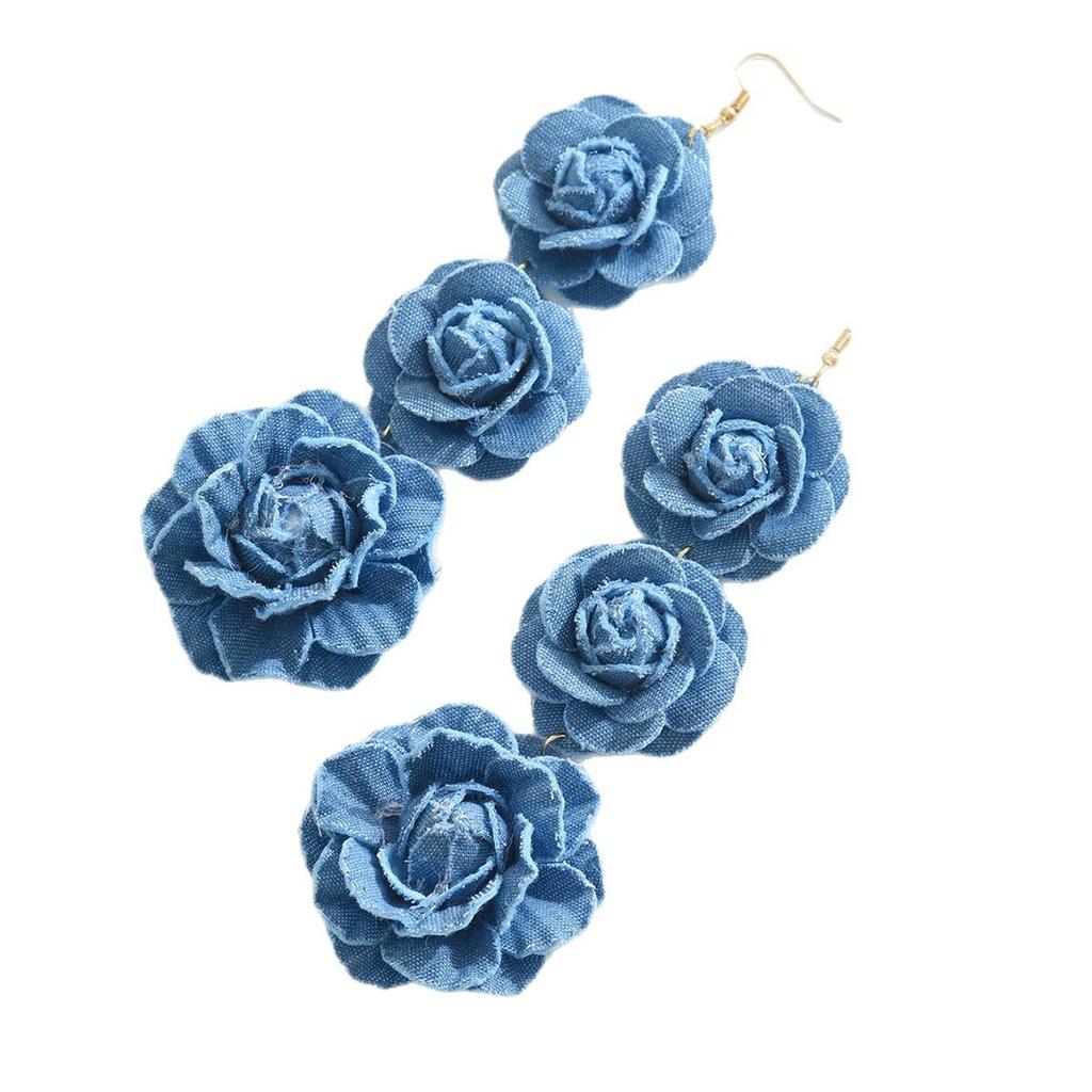 European & American Handmade Denim Rose Tassel Earrings - Fashionable Long Dangle Design