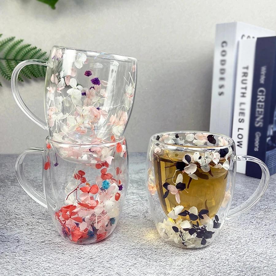 350 ml dobbelvegg kaffekrus med håndtak Klarmelkekopper Gaver Glasskoppfyll kunstig simulering Blomster tekopp