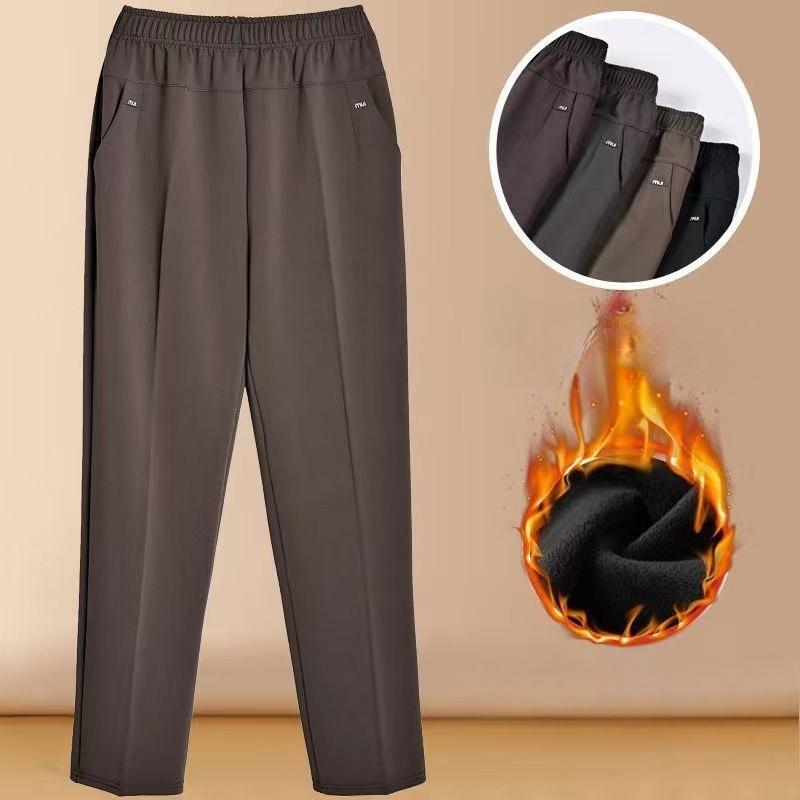 Herbst Damen Mittleren Alters Zusätzliche Hose Lässig Gerade Hose Elastisch Hohe Taille Fleecehose Übergröße 5XL khaki