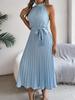 Women Elegant Stand Collar Sleeveless High Waist Pleated Solid Color Long Dress