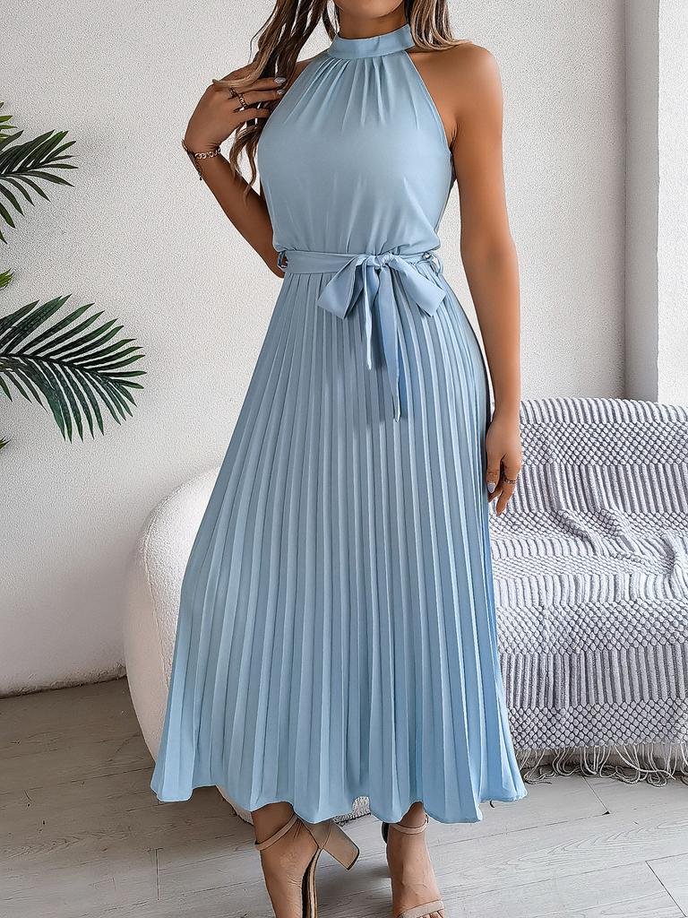 Women Elegant Stand Collar Sleeveless High Waist Pleated Solid Color Long Dress