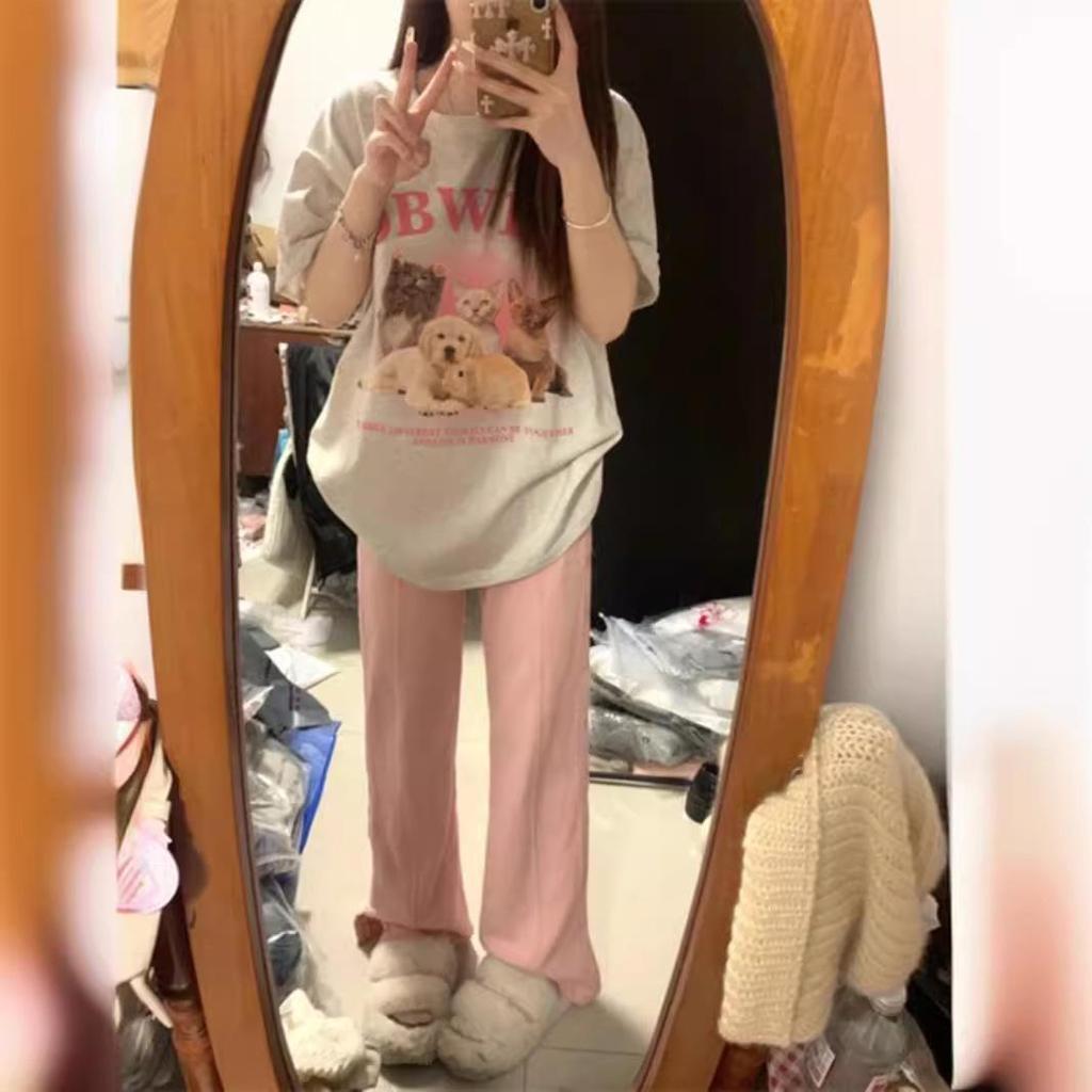 Women's Oversized Gray Casual T-Shirt - Short-Sleeve Retro Hong Kong Style for Summer