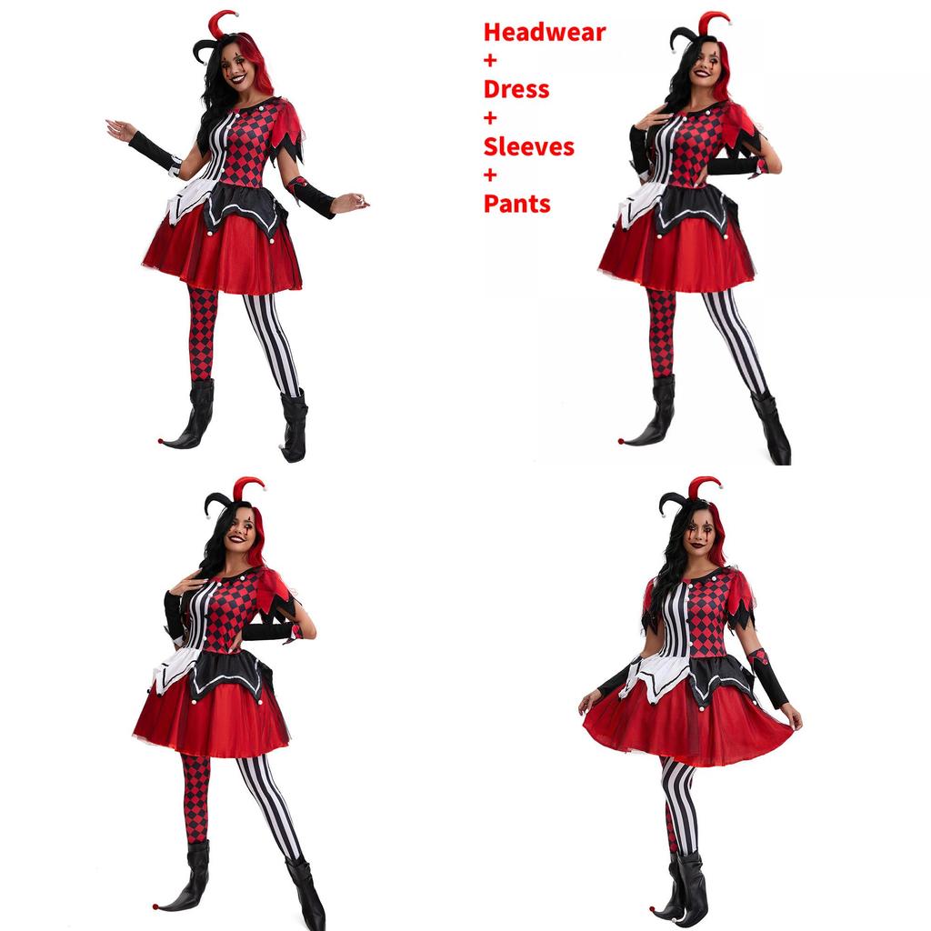 Halloween Female Clown Cosplay Outfit With Red Dress And Headpiece For Themed Parties