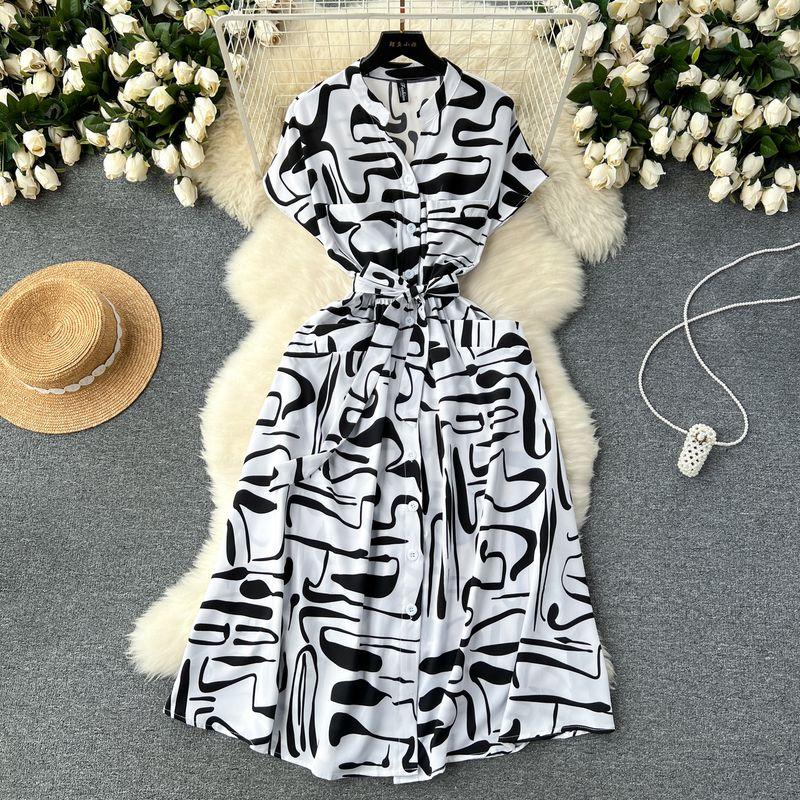 

Fashion Wind Stylish Print Lace-up Waist-Controlled Dress White All yards