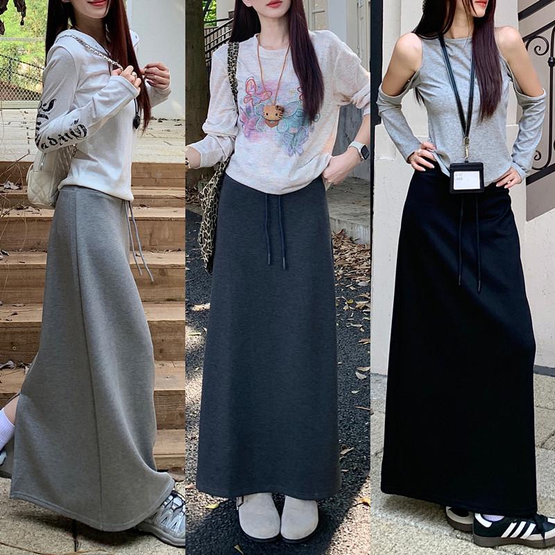 Retro Grauer Schnür-Schlankheits-Halbrock für Damen - Elastischer Bund, Gerader Schnitt, Hüftbetontes Design, Perfekt für den frühen Herbst 2025.