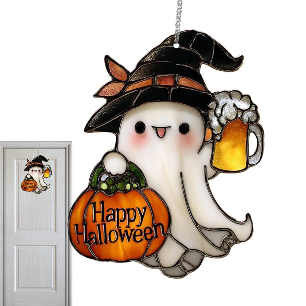 Halloween Ghost Stained Glass Ghost Decor 2D Cute Spooky Pendant Sun Catcher For Window Decor Indoor Outdoor Holiday Crafts
