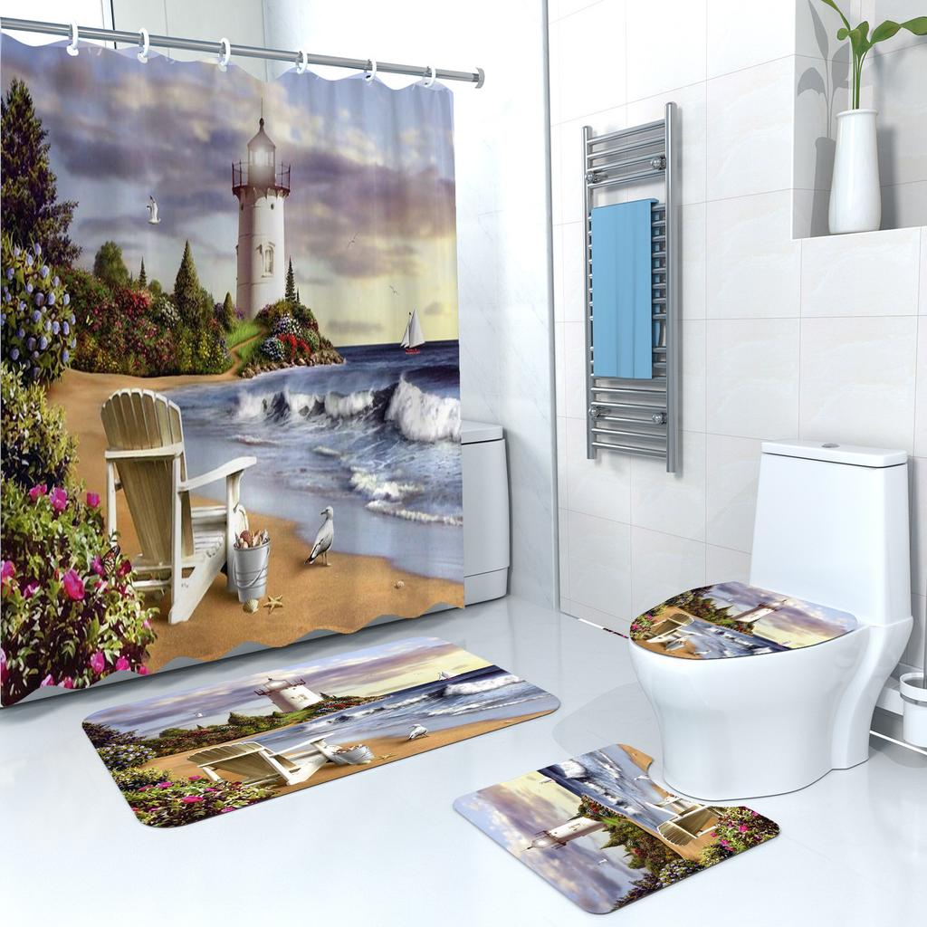 Shower Curtain Digital Printing Shower Curtain Lighthouse Landscape Polyester Bathroom Partition Curtain Bathroom Four-Piece Set