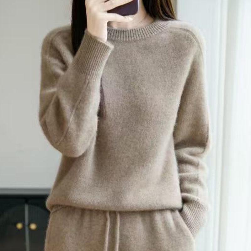 Women's Autumn Winter Thickened Wool Sweater - Round Neck, Simple, Loose Fit, Flaw-Covering, Slimming, Cross-Border Style.