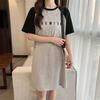 Casual style contrasting color splicing round neck T-shirt summer dress women's short-sleeved letter loose waist bell-shaped mid-skirt