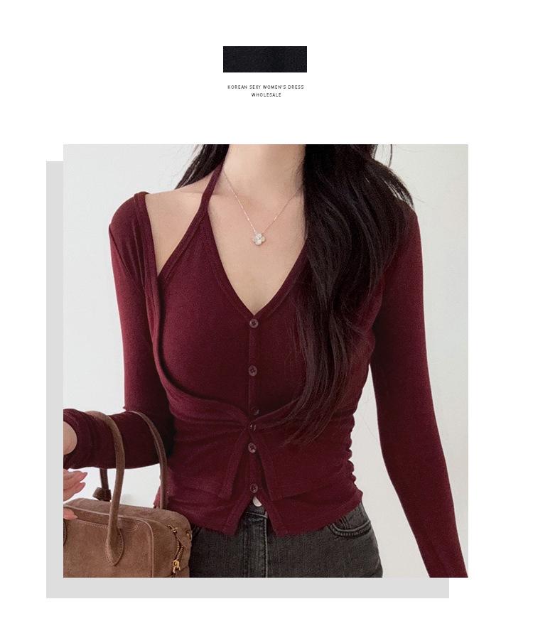 Korean Dongdaemun Elegant Halter Neck Slimming Long Sleeve T-shirt for Women