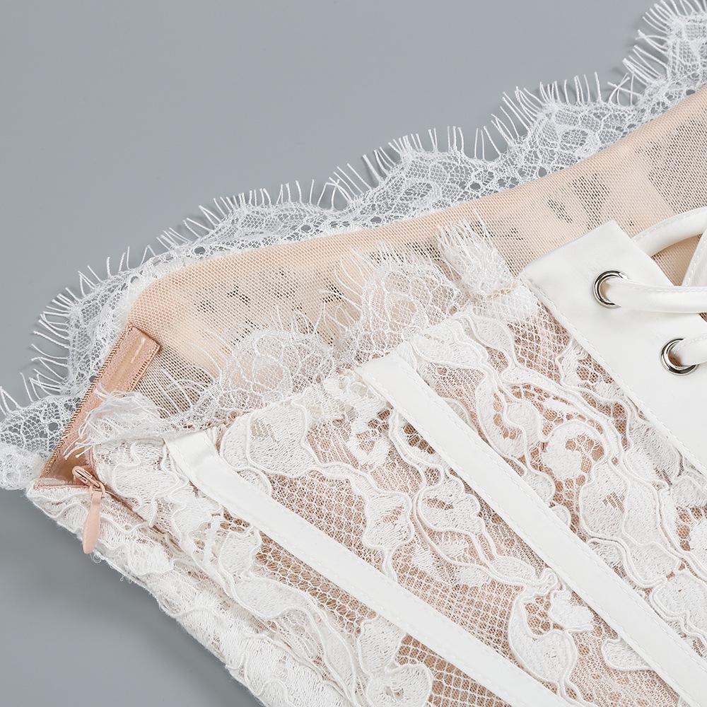 European & American Sexy Lace Irregular Bandeau Dress with Fishbone See-through Waist