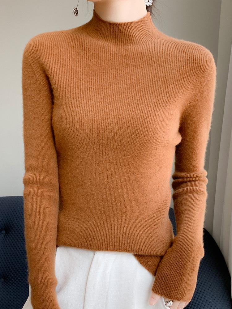 Women's Slim-Fit Semi-High Neck Long Sleeve Knitwear Pullover for Autumn and Winter