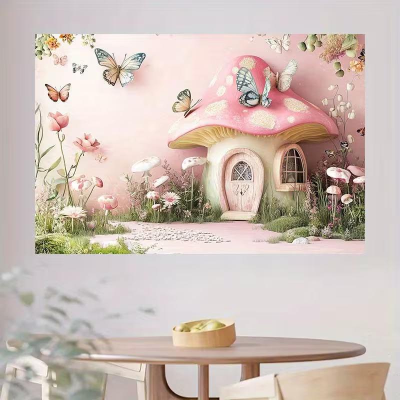 2D Magical Pink Mushroom Cottage Background for Kids Photoshoot & Events