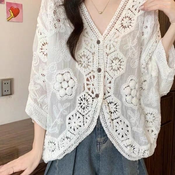 Bohemian Women's Crochet Hollow Lace Cardigan Top Summer Loose Plus Size Sun Protection Cardigan