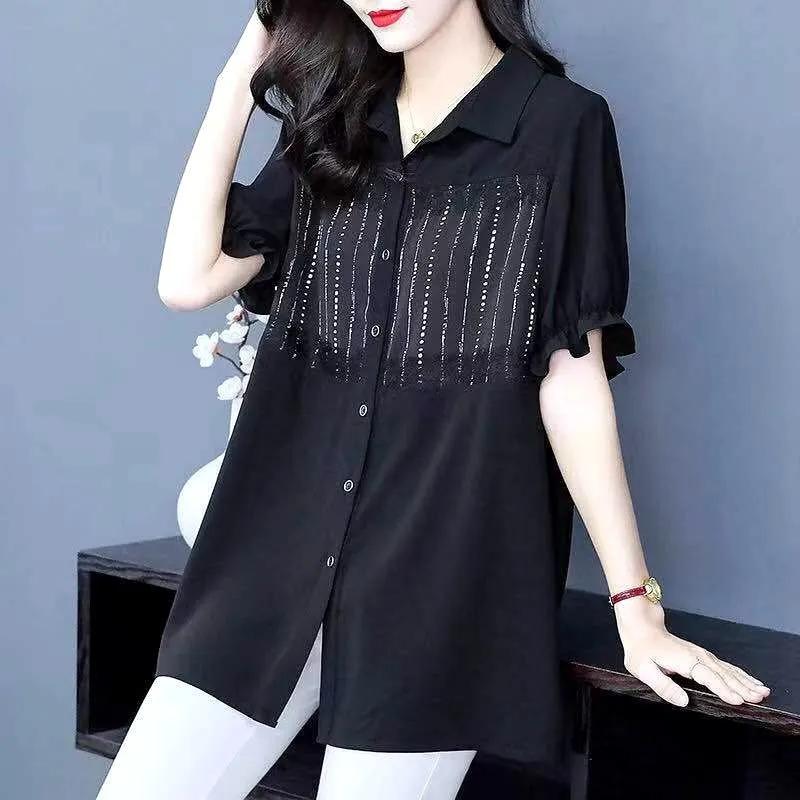 

Women s Plus Size Summer Short-Sleeve Mid-Length Striped Shirt Youthful, Tummy-Hiding, Slimming Top S чёрный