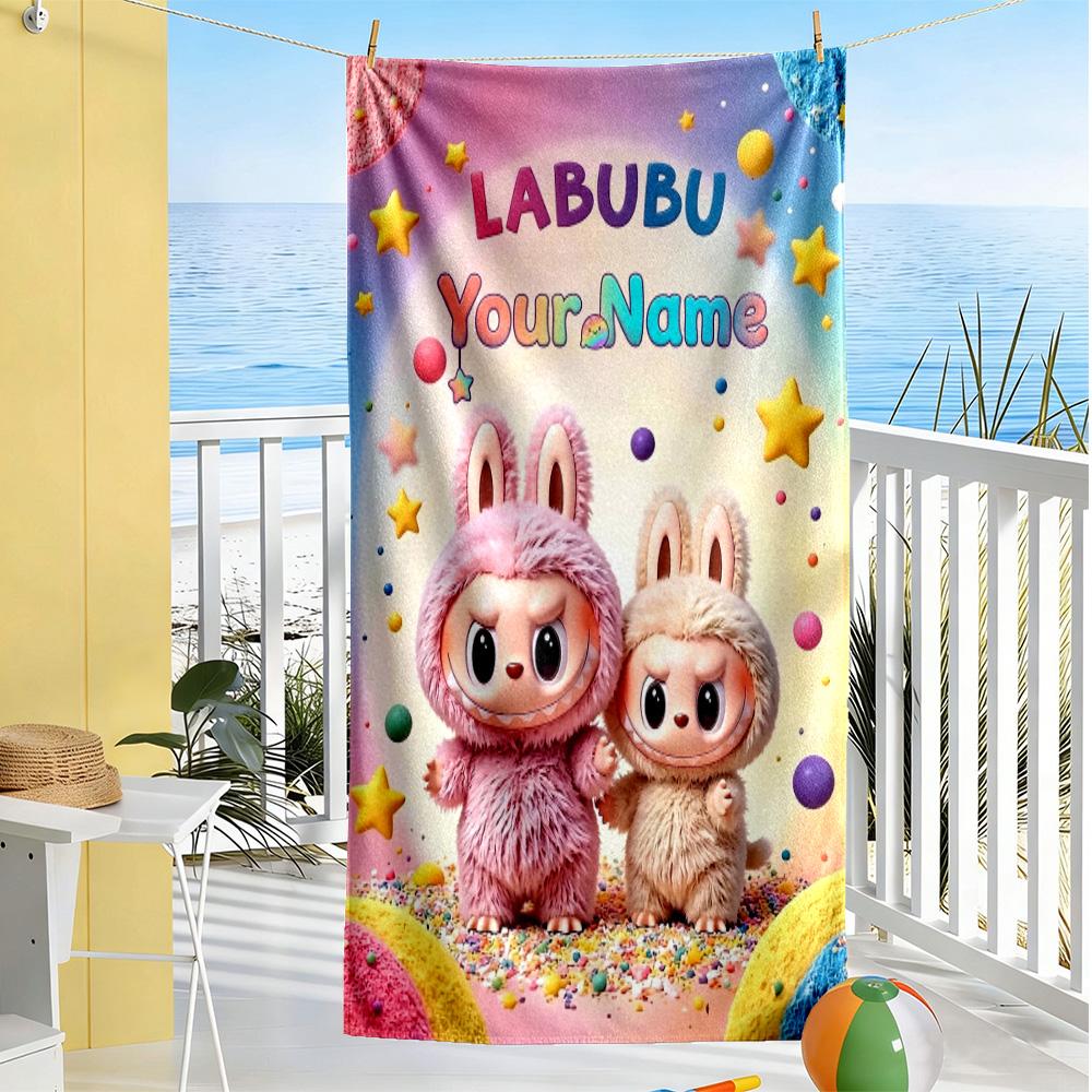 Labubu Customize Text Beach Towel Soft Durable Quick-Dry Ideal for Travel Outdoor Swim Pool Yoga Surf Camping Hiking Gym Gift Holiday