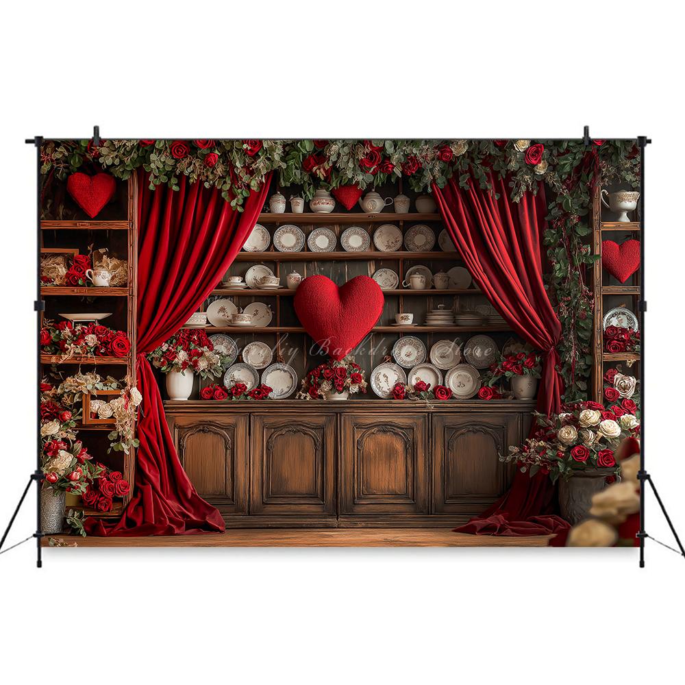 Valentine's Day red rose heart-shaped wooden cabinet banner shooting Backdrop, Valentine's Day adult portrait shooting Backdrop9