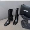 Mode Neuer Stil Luxus Damenstiefel Herbst Damenmode Quadratische Hohe Absätze Lackleder Schuhe Stiefeletten Schwarz Damen Reißverschluss