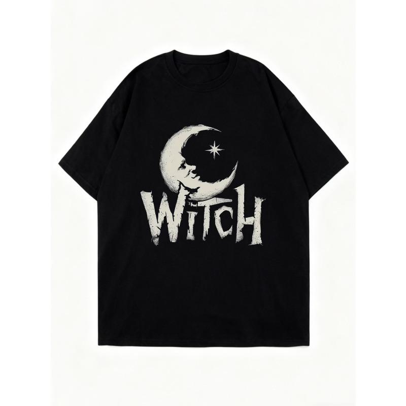 Black Oversized T Shirt Witch Moon And Star Print For Women Casual Streetwear Fashion Summer Outfit