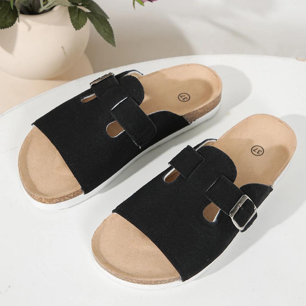 Sandały z korkową wkładką Damskie Letnie Buty Moda Zamszowe Płaskie Sandały ze Wsparciem Łuku Stopy Para Odkryte Palce Klapki na Plażę Regulowane